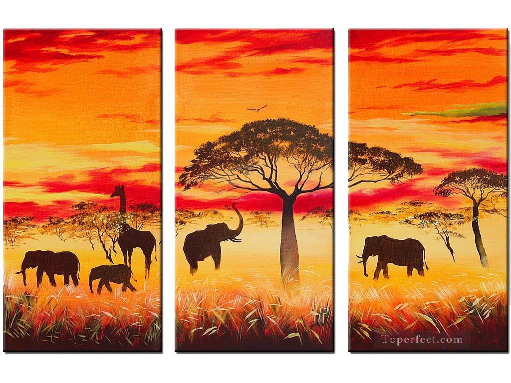 elephants under trees in sunset African Oil Paintings